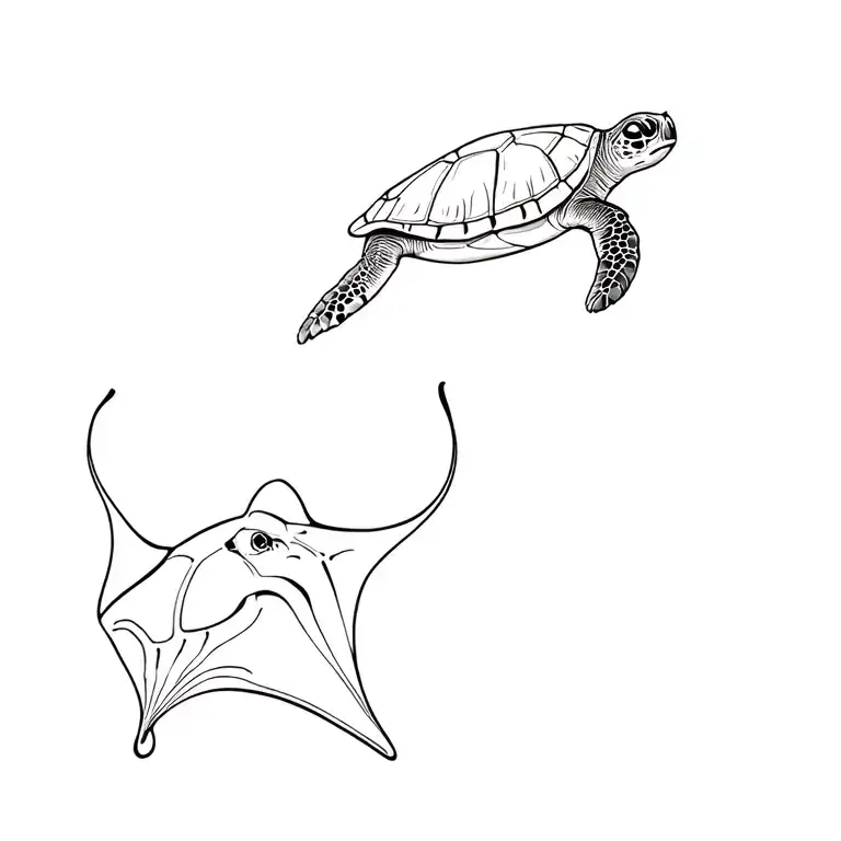 a sea turtle and a Manta ray gracefully swimming album cover tattoo design idea
