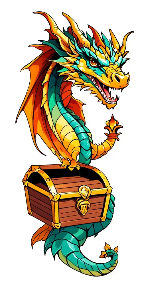 Medieval Dragon, mimic treasure chest tattoo design idea
