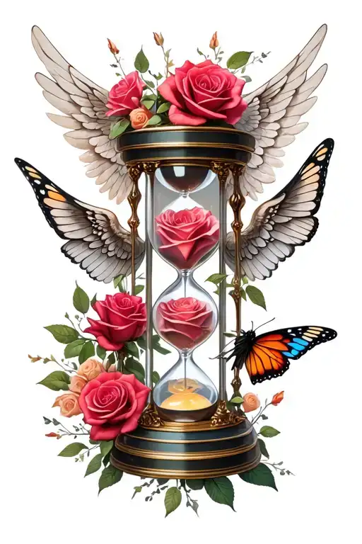 hourglass made of wilting rose butterfly and angel wings  tattoo design idea