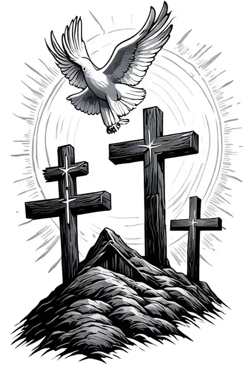 three crosses in a hill with a holy spirit dove cirlce shining.  tattoo design idea