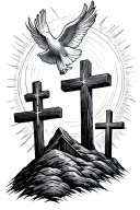 three crosses in a hill with a holy spirit dove cirlce shining.  tattoo design idea