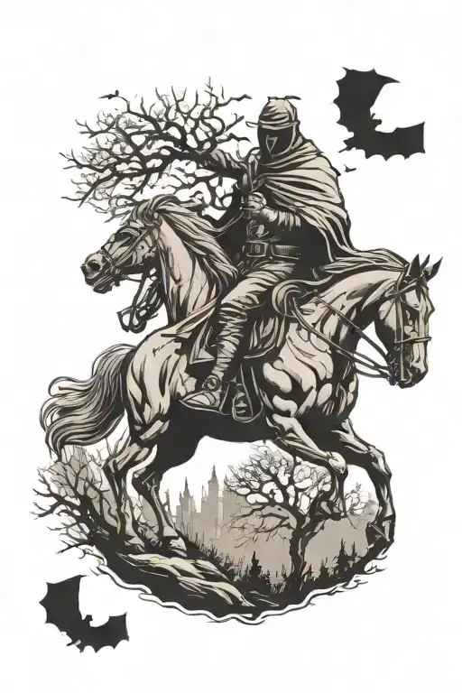 headless horseman, tree in the background, bats flying away tattoo design idea