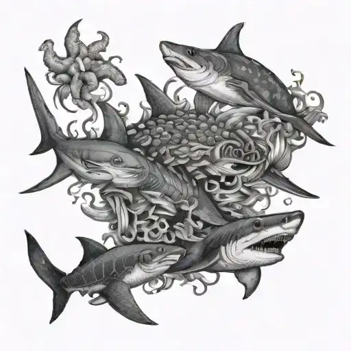shark, turtle, octopus, many small fish tattoo design idea