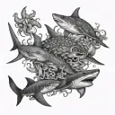 shark, turtle, octopus, many small fish tattoo design idea