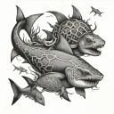 shark, turtle, octopus, many small fish tattoo design idea