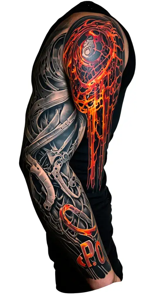 vertical text "B.B.P.O.".  biomechanical sleeve reflecting true underlying biology of arm that blends to mechanics tattoo design idea