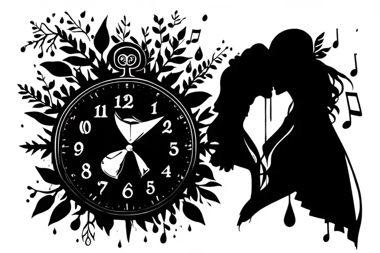Silhouette of a Couple, Broken Clock or Hourglass, Musical Notes, Tears or Raindrops, Nature Elements, Minimalist, Sketc tattoo design idea