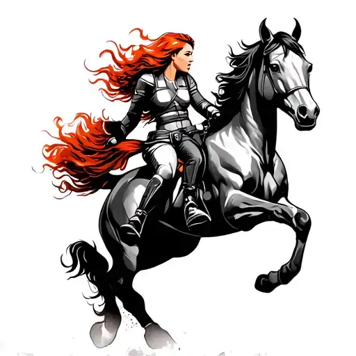 Running Horses with a female red hair warrior riding at full gallop  tattoo design idea