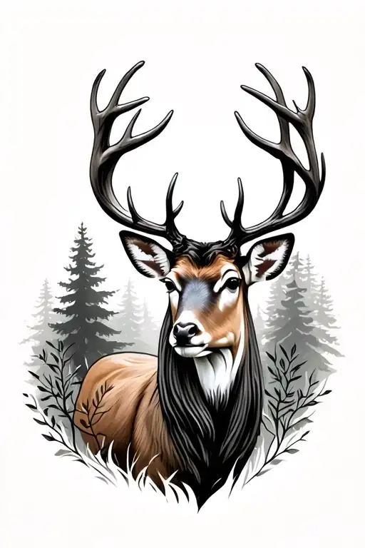Deer majestically and forest in the background tattoo design idea