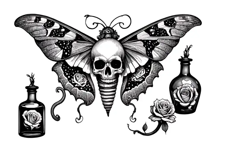 roses moths skulls toadstool snakes potion bottles tattoo design idea