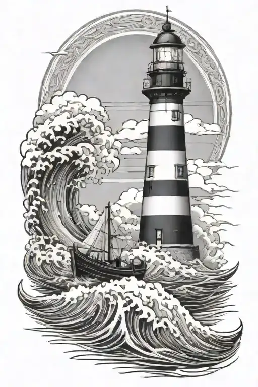 Row boat lighthouse, waves crashing tattoo design idea