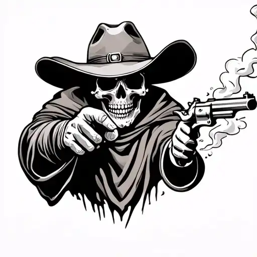 skull wearing a poncho and cowboy hat, pointing a revolver that's been shot with smoke coming out of the barrel. outline tattoo design idea