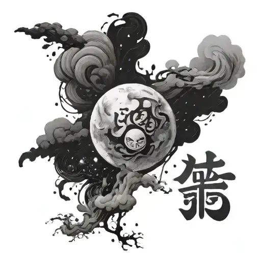 Nebula, Chinese characters on nebula with people's eyes, anime style tattoo design idea