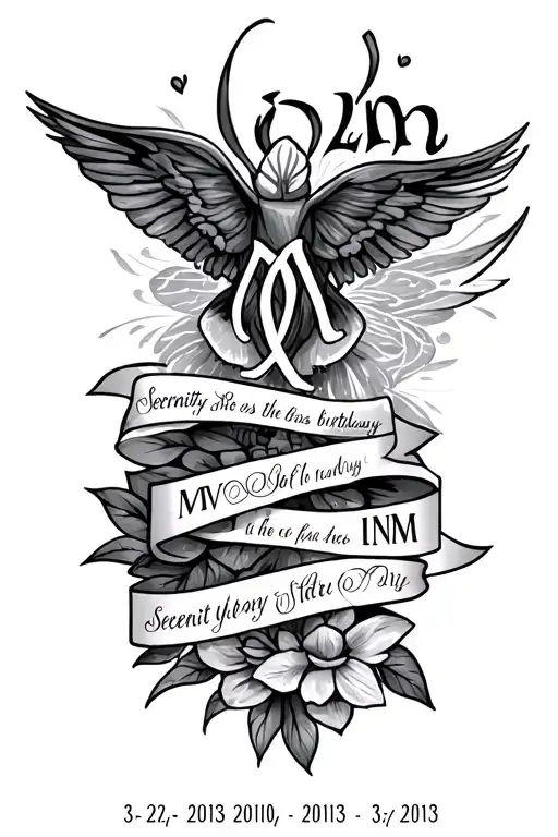 includes the serenity prayer the initials MVM and INM and the birthdays 3-22-2010 and 3-27-2013 tattoo design idea