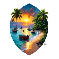 Sunset, Coco Beach & its Bay, Costa Rica, dozens of various size fishing + leisure boats anchored in distance in the Bay tattoo design idea