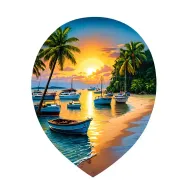Sunset, Coco Beach & its Bay, Costa Rica, dozens of various size fishing + leisure boats anchored in distance in the Bay tattoo design idea