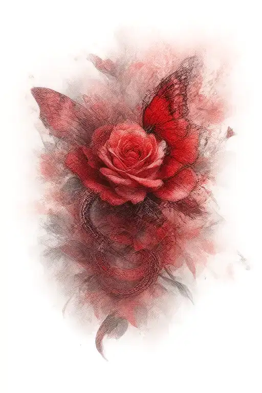 butterfly, snake and rose all red ink tattoo design idea