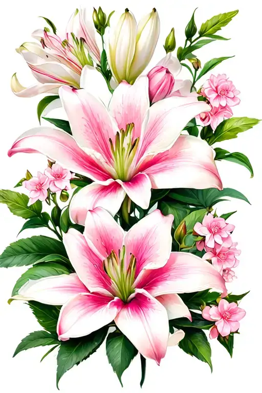 a tattoo consisting of lily flowers, magnolia flowers, small rose flowers and crape myrtle blooms tattoo design idea