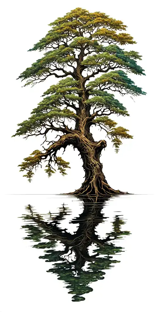Irish tree of life with roots into a lake reflecting tattoo design idea