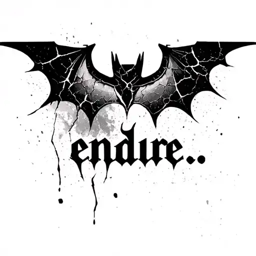 Minimal black ink tattoo: “endure.” in lowercase serif font, with a cracked abstract bat symbol above it. Clean, sharp tattoo design idea
