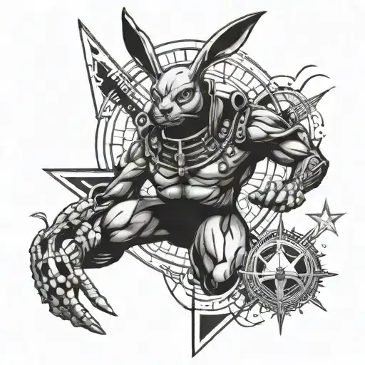 japanese style muscular playboy bunny with alien features and spaceships and pyramids with masonic geomectrical shape tattoo design idea