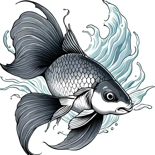 koi fish tattoo on wave black and grey tattoo design idea