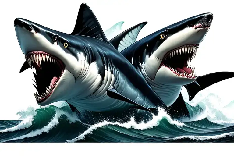 killer sharks side by side filled ocean waves crashing tattoo design idea