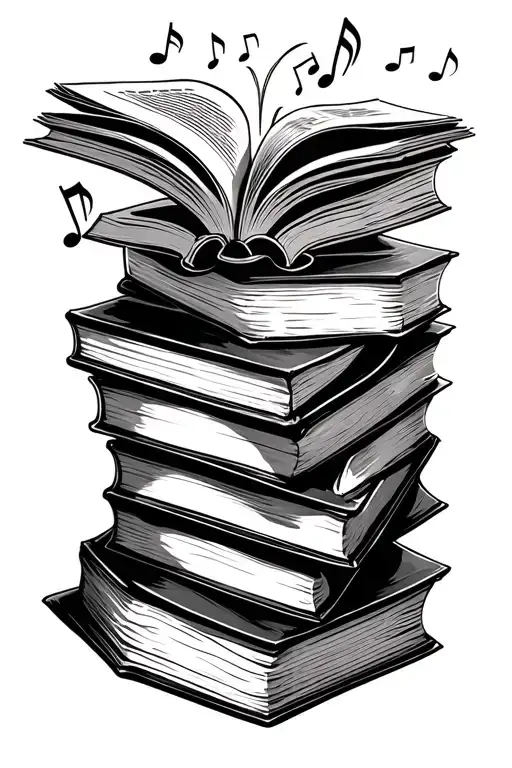 stack of books with the top one open and music notes coming out of the book tattoo design idea