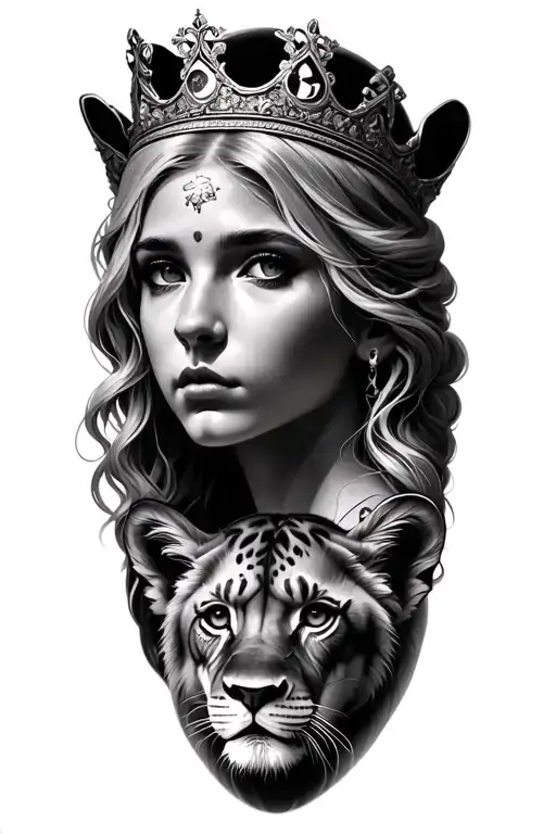 black & grey realism- beautiful greek goddess with light color hair, wearing crown, 2 lion cubs and moon tattoo design idea