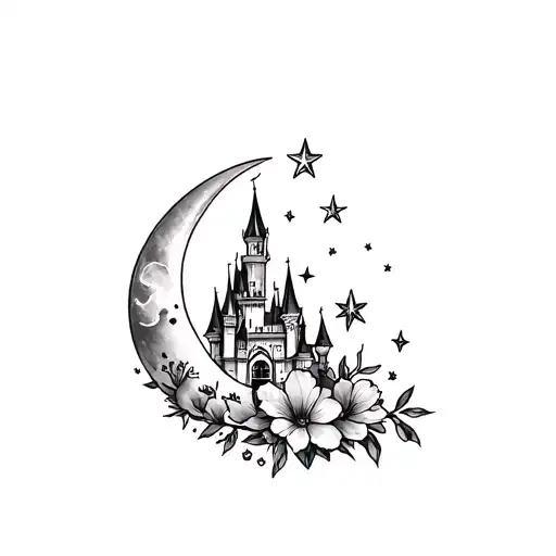 moon stars, disney castle, flowers, floating tattoo design idea