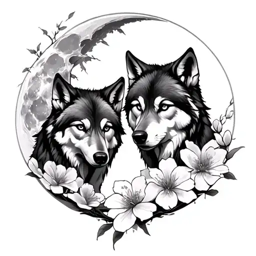 Wolf, moon, sakura flowers, twin flames, Simon in Japanese tattoo design idea