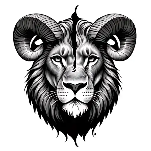 half ram half lion face split in the middel left ram right lion tattoo design idea