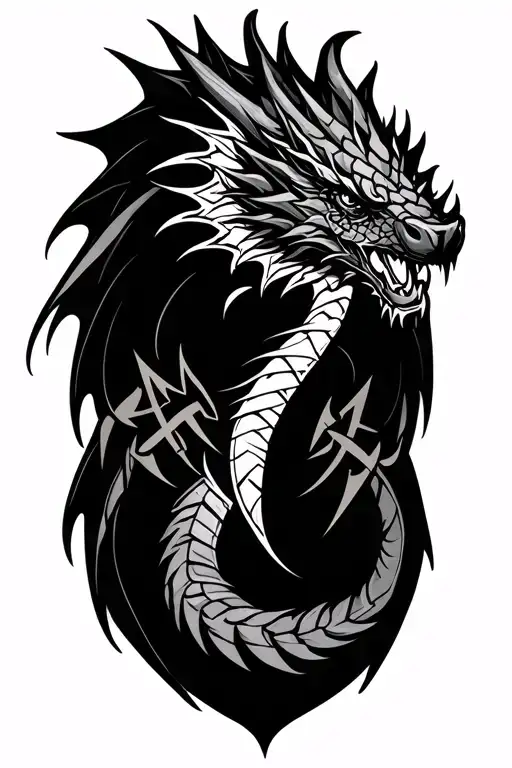 Nordic dragon with Nordic runes engraved tattoo design idea