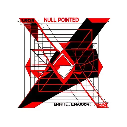 Geometry in black and red colors for tables of tables from the database, with the words “NULL POINTED” and “EROROR!” tattoo design idea