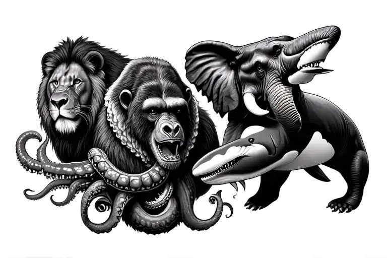 Chest tattoo that contains a lion, bear, gorilla, elephant, great white shark, killer whale, alligator, and octopus tattoo design idea