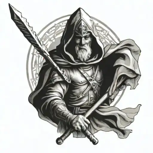 black and white hooded saint Christopher holding trident  tattoo design idea