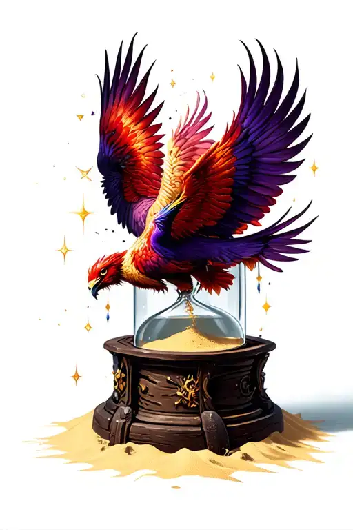 Red, gold and purple phoenix flying off of an old creepy wooden sandglass with sand twinkling down tattoo design idea