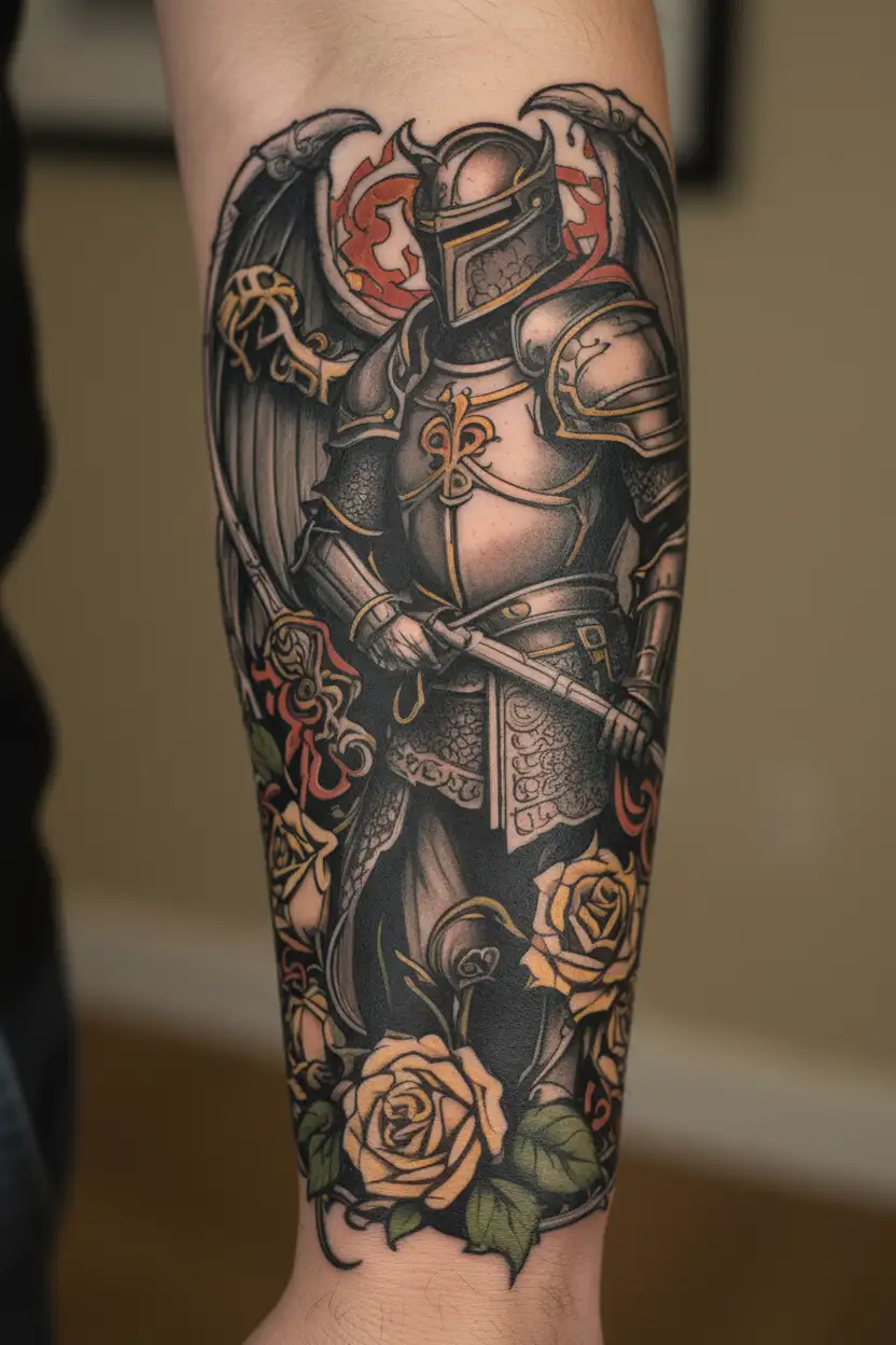 medieval knight, slaying dragon surrounded with roses tattoo design idea