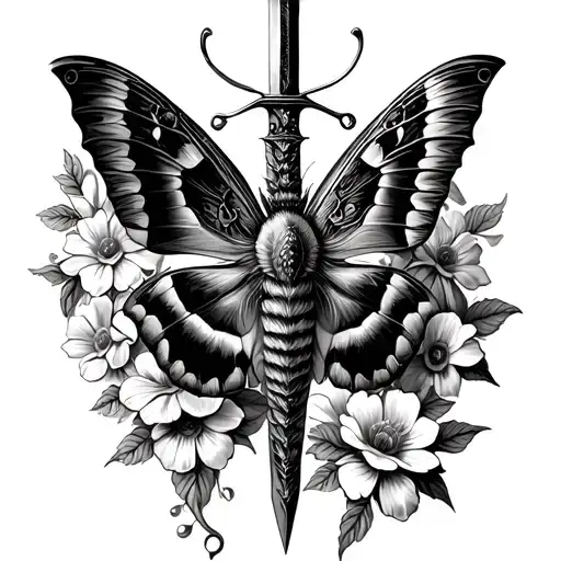 pretty moth In dagger with flower boarder making a V shape at the top tattoo design idea