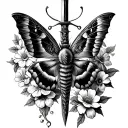 pretty moth In dagger with flower boarder making a V shape at the top tattoo design idea