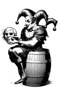 jester on a barrel with masks in his hands tattoo design idea