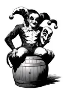 jester on a barrel with masks in his hands tattoo design idea