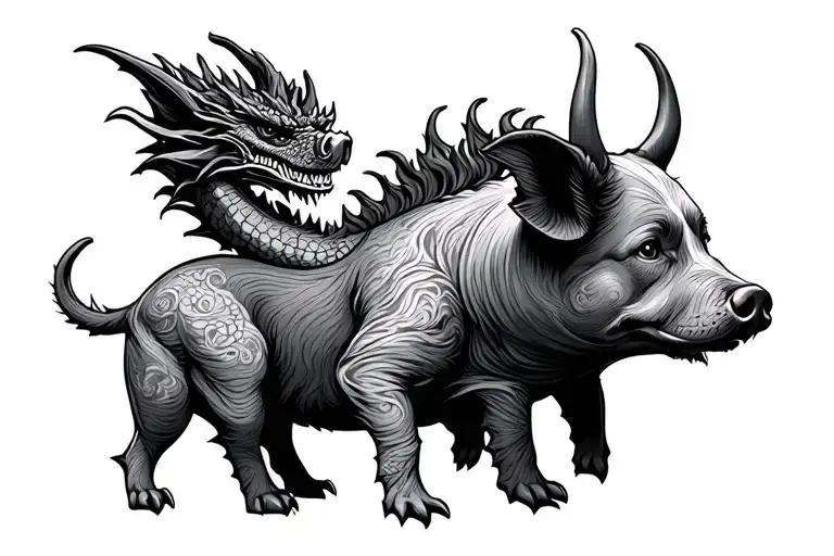 Dog, dragon, ox and pig tattoo design idea