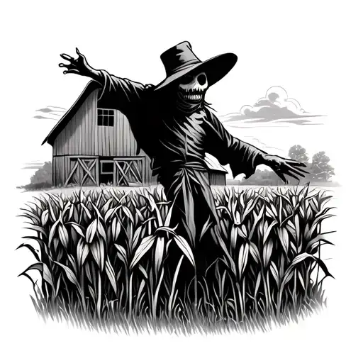scare crow in a cornfield in front of a barn tattoo design idea