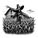 scare crow in a cornfield in front of a barn tattoo design idea
