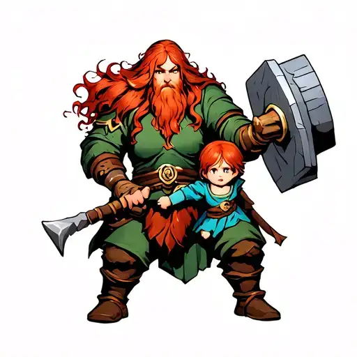 dungeons and dragons dwarf fantasy fighter hammer protecting a woman dwrfand child. all with red hair tattoo design idea