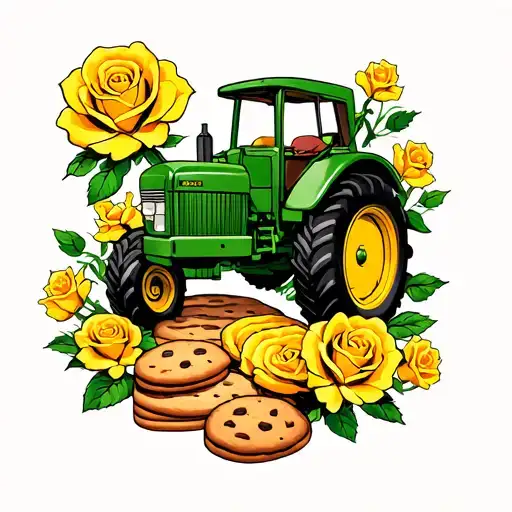 yellow roses, tractor, table with cookies tattoo design idea