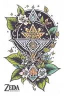 Zelda themed tattoo incorporating elements of nature with sparkles and leaves in traditional colors with clean aesthetic tattoo design idea