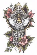 Zelda themed tattoo incorporating elements of nature with sparkles and leaves in traditional colors with clean aesthetic tattoo design idea