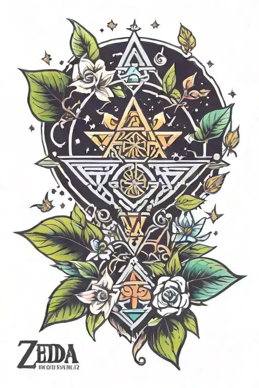 Zelda themed tattoo incorporating elements of nature with sparkles and leaves in traditional colors with clean aesthetic tattoo design idea